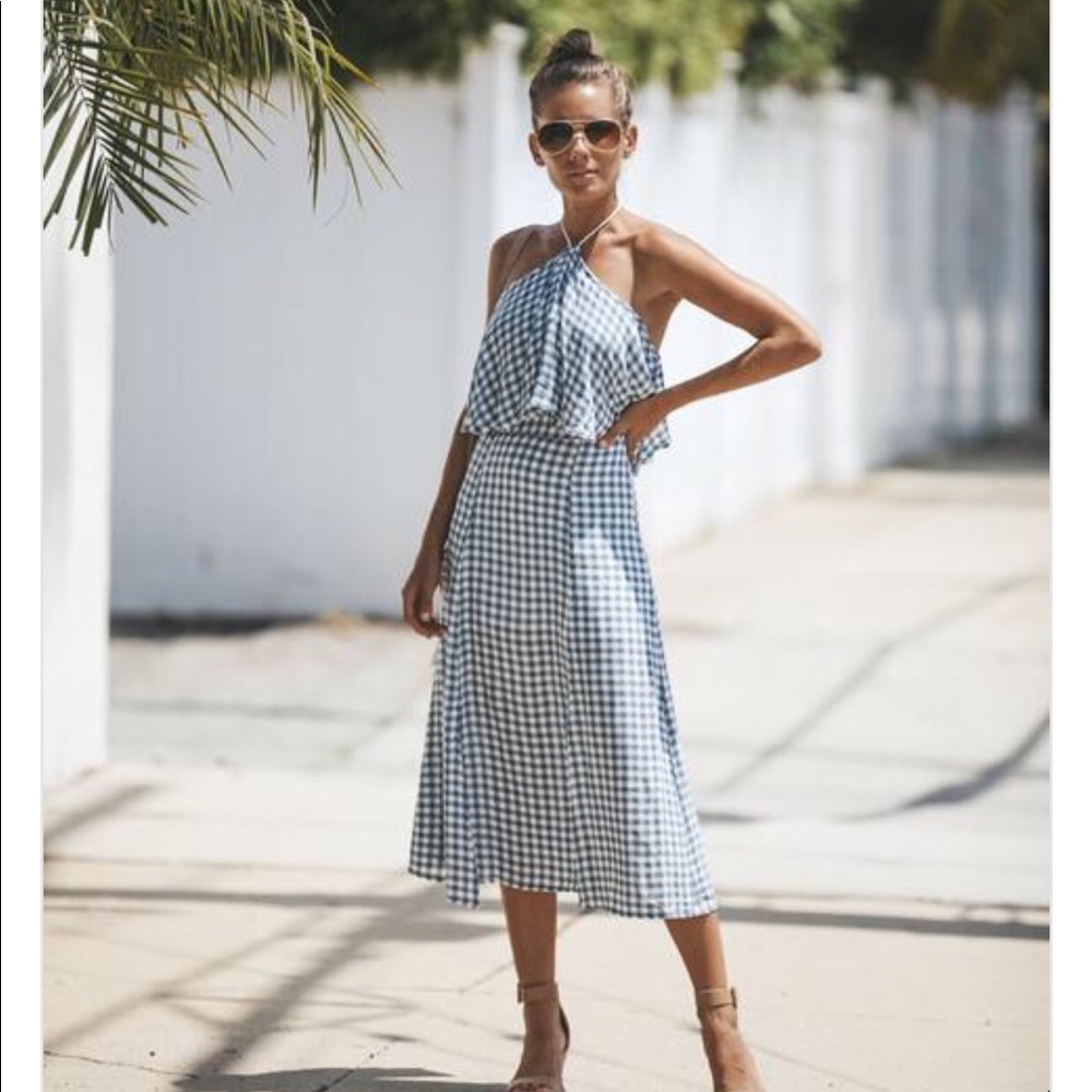 Vici Blue and White Gingham Halter Midi Dress